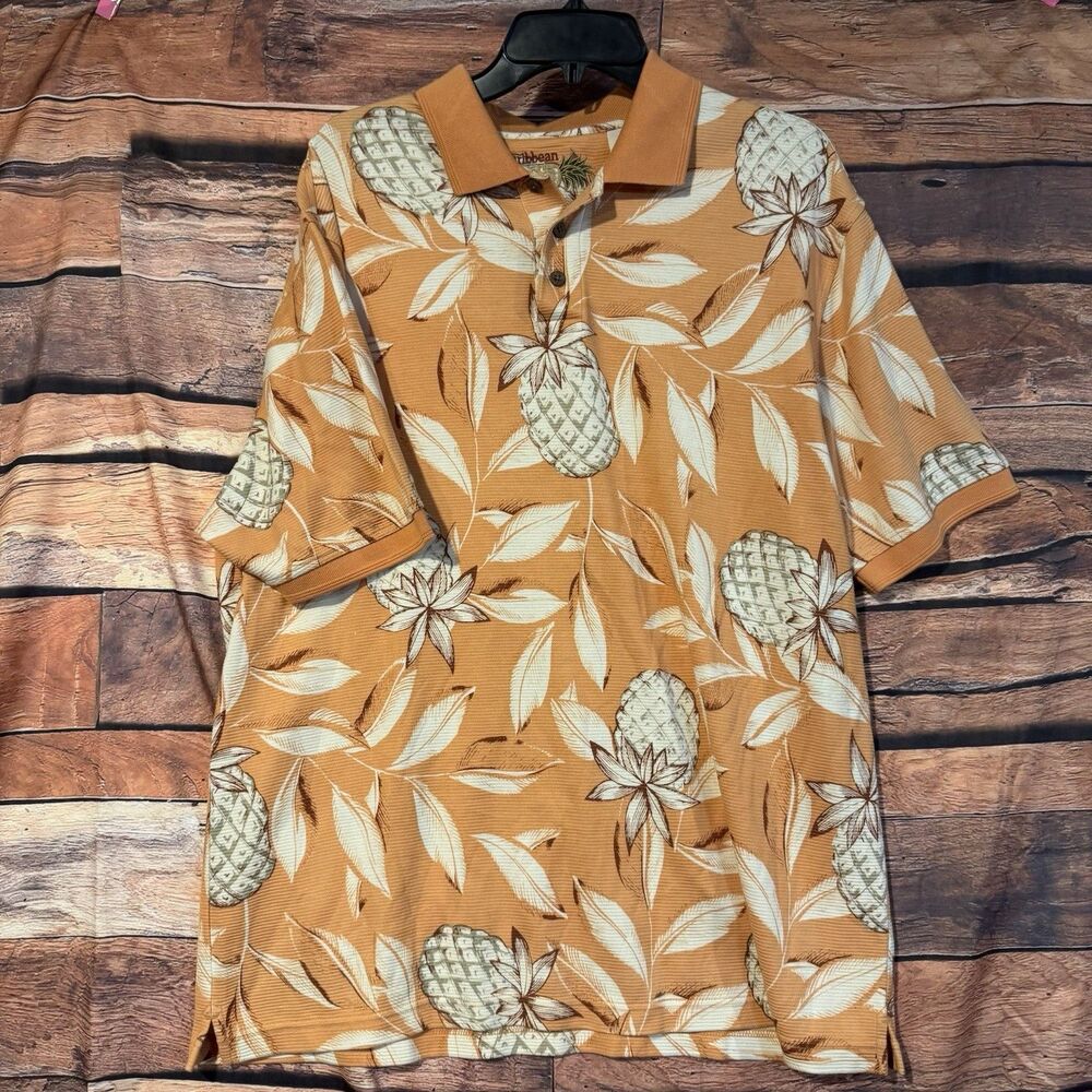 Caribbean Men's Large Orange Pineapple Polo Shirt Aloha Tropical Beach Casual